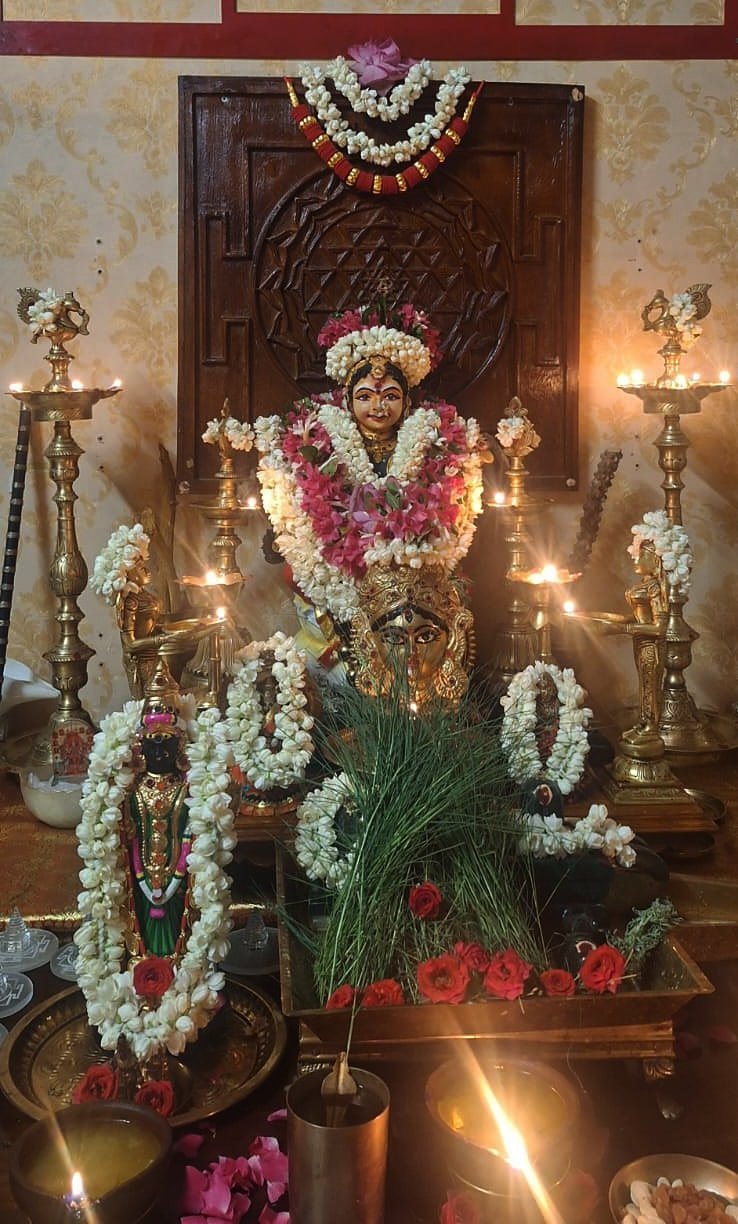 The Sri Yantra carved above the shrine, the deity garlanded beneath it